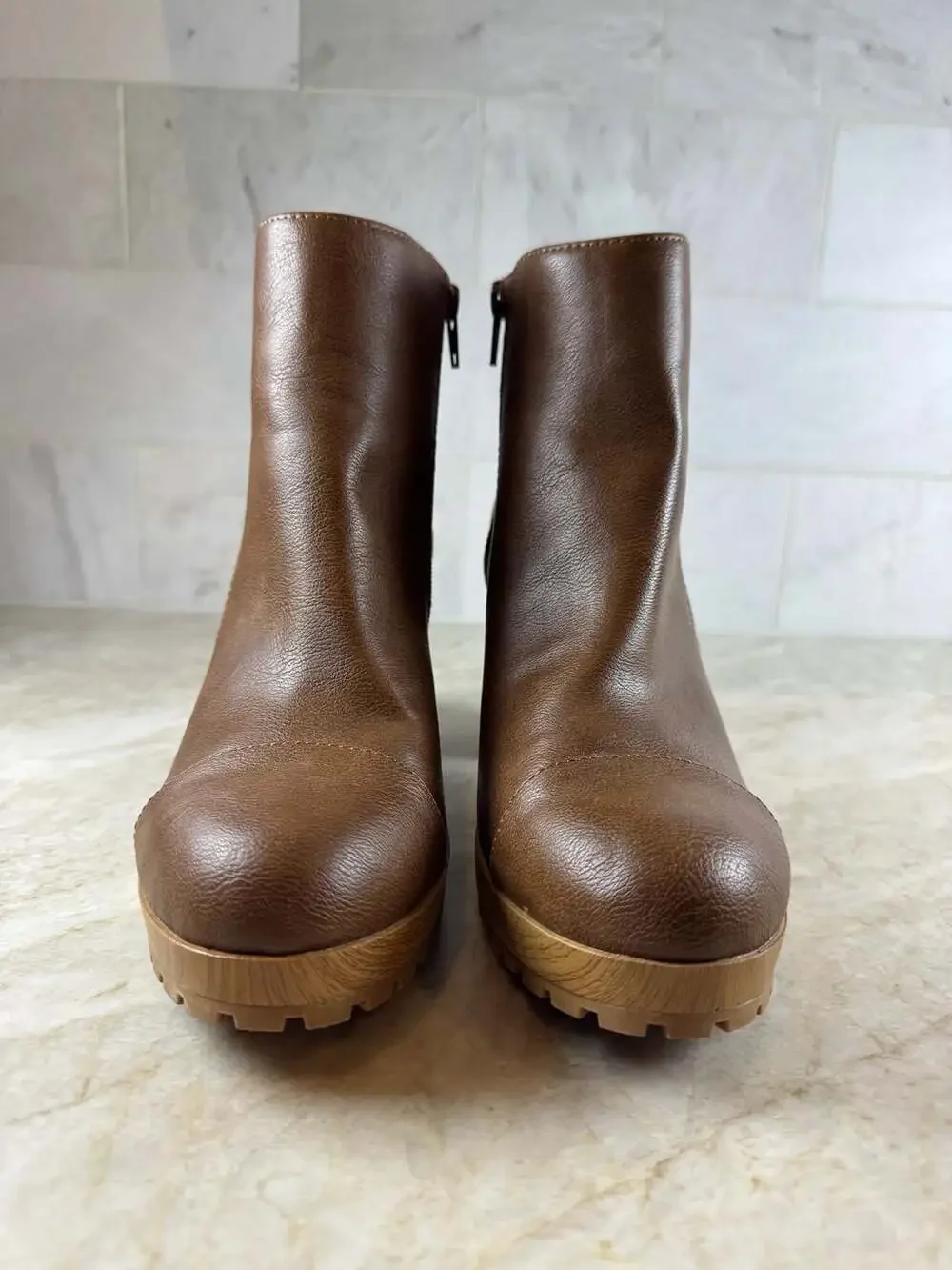 Sun + Stone Rowaan Brown Platform Ankle Boots Block Heel Zip Womens 7.5 M